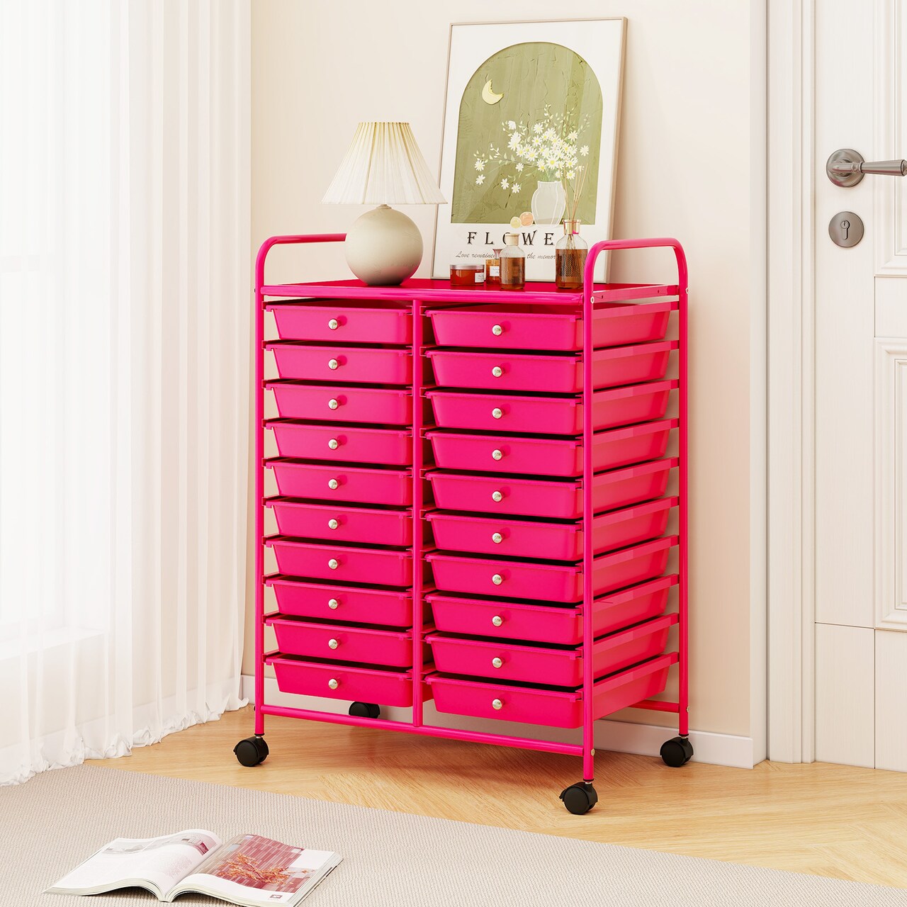 Space Saving Storage Organizer Cart with 20 Plastic Drawers and Mobile Wheels for Organizing Small Items at Home